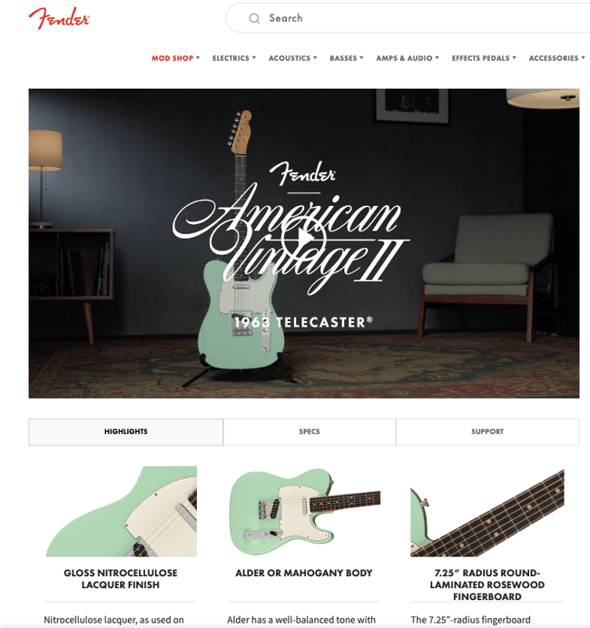 Fender website with rich product content