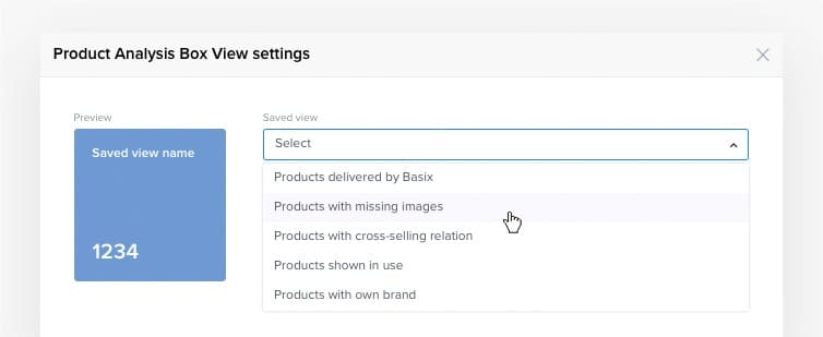 "Product Analysis Box View" widget settings. User is selecting "Products with missing images" view.