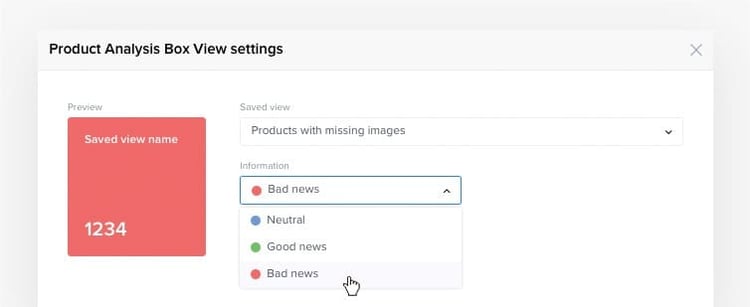 "Product Analysis Box View" widget settings. User is selecting "Bad news" status.