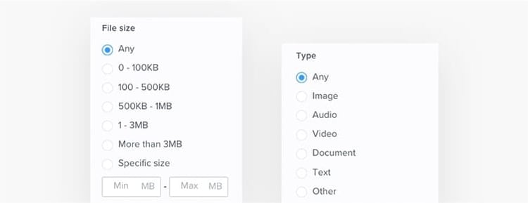 On the left, "File size" media filter preset selected. On the left, media "Type" preset selected.