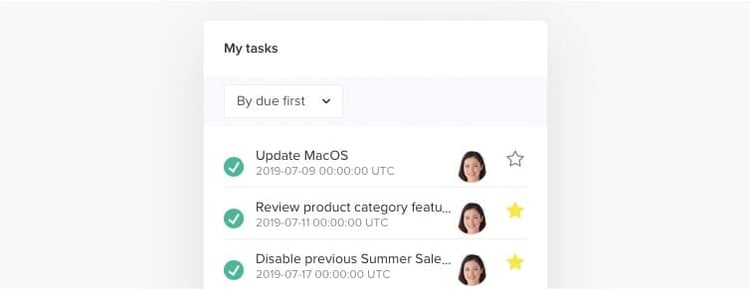 "My tasks" widget with "By due first" sorting applied.  3 checkmarks on the left highlight solved tasks, and 2 stars on the right mark important tasks.