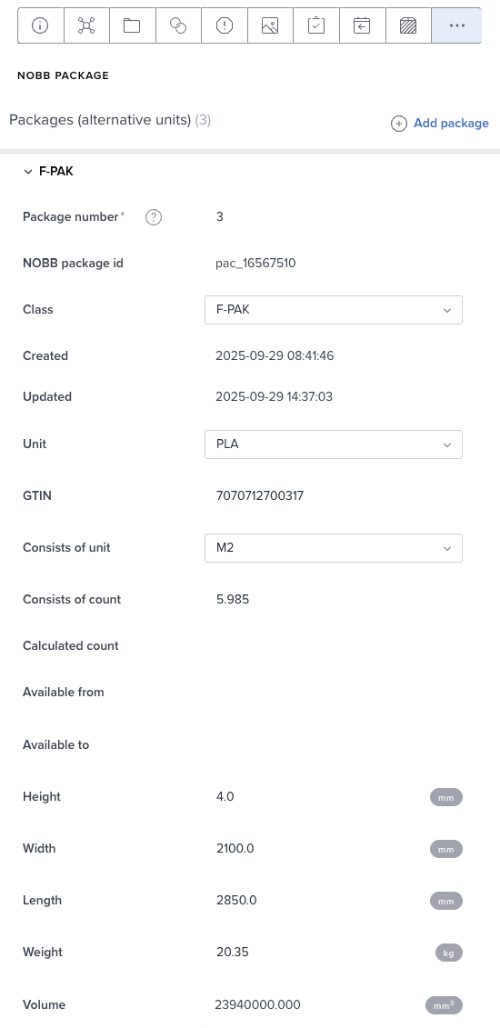 NOBB GS1 Package UI View