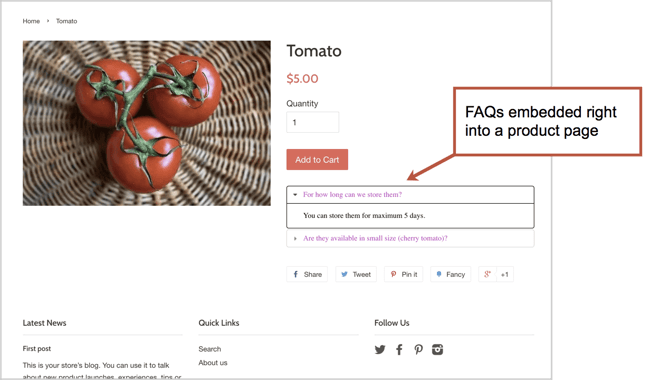 FAQs embedded right into a product page