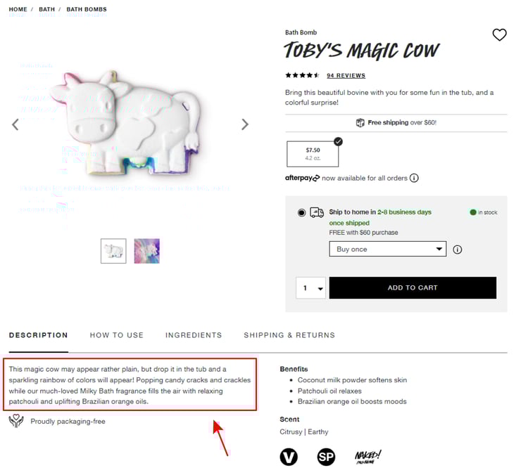 Product description on a product detail page