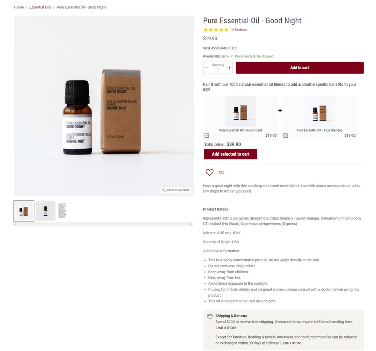 Product detail page example by Muji