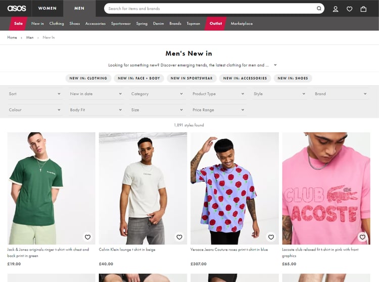 Product listing page example by Asos
