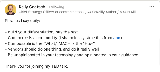 Twitter post from Kelly Goetsch about what Composable Commerce and MACH is.